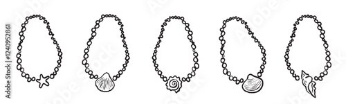 whimsical doodle hand drawn set of shell and pearl mermaid necklaces isolated on transparent background. seawitch jewelery png clip art collection. ocean marine pendants 