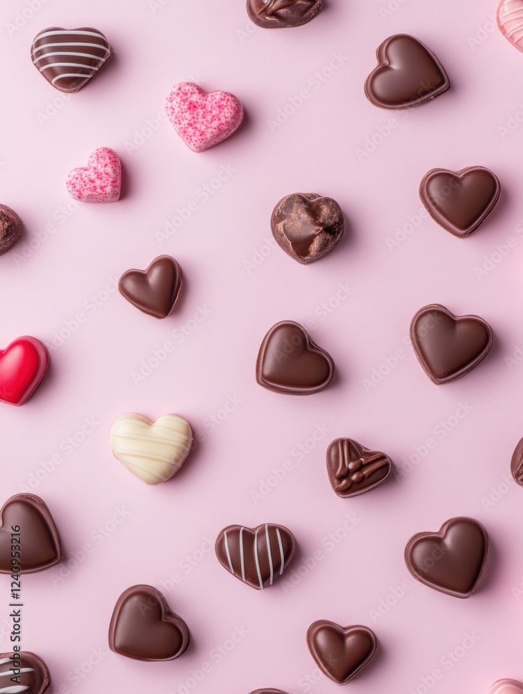 Fototapeta premium A Symphony of Hearts: A Delightful Collection of Exquisite Chocolate Hearts, Beautifully Displayed on a Pastel Pink Surface, Creating a Scene of Pure Romance and Sweet Indulgence