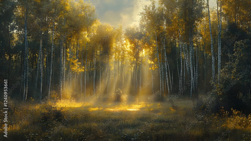 Golden Sunlight Streaming Through Autumn Forest Golden Sunlight Streaming Through Autumn Forest
