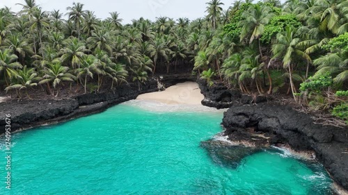 Sao Tome and Principe - Battery Beach at Ilheu das Rolas. Pristine Equatorial Island With Turquoise Waters and Lush Palm Forest.