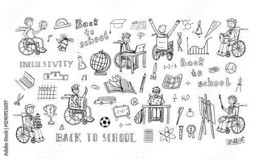 Inclusivity. Inclusive education. School students. School kids in a wheelchair. Teen boy in a wheelchair. Back to school. Doodle style. Hand drawn. Great for banner, posters, professional design.
