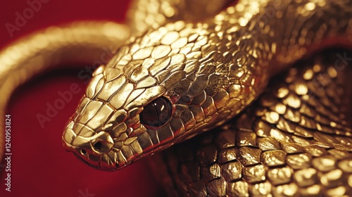 Golden Snake Coiled Red Background Detailed Scales Luxurious Texture photo