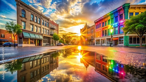 Abilene Texas Cityscape: Sunbeams Illuminate Building Facade, Colorful Reflections on Asphalt Street - Bokeh Effect Stock Photo photo