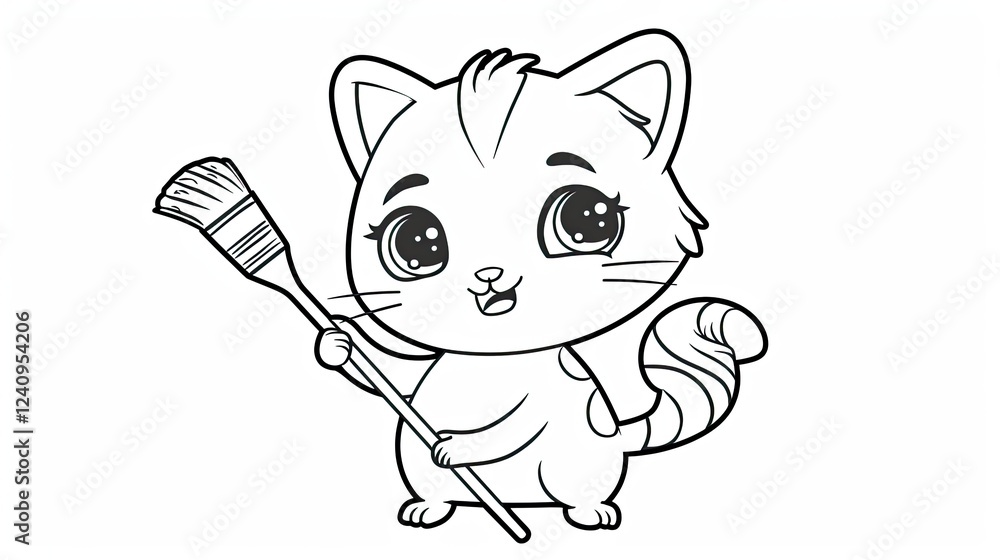 Fototapeta premium Cute cat with a paintbrush, coloring page for kids