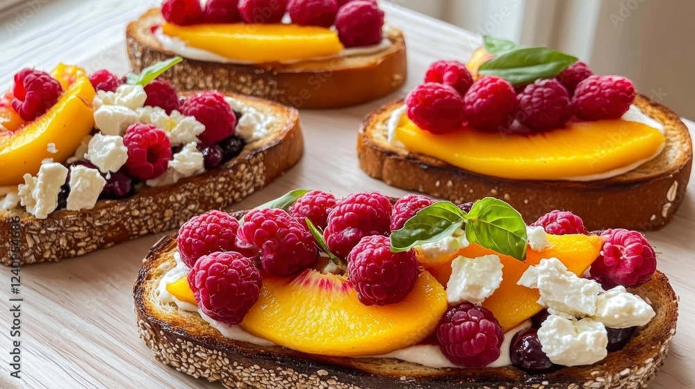Bright Breakfast, a wholesome and energizing morning meal featuring golden toasts, a colorful assortment of fresh fruits, juicy berries, crisp vegetables, and cottage cheese,breakfast close up. Bright Breakfast, a wholesome and energizing morning meal featuring golden toasts, a colorful assortment of fresh fruits, juicy berries, crisp vegetables, and cottage cheese,breakfast close up.