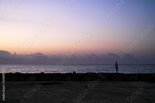 Bathed in soft hues of dusk, a person stands contemplatively by the water's edge, watching as the sun sets on the horizon, creating a tranquil atmosphere. photo