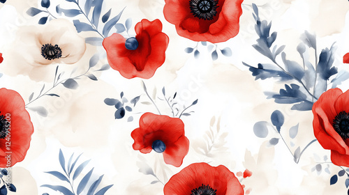 Watercolor seamless floral pattern featuring vibrant red poppies and blue leaves.