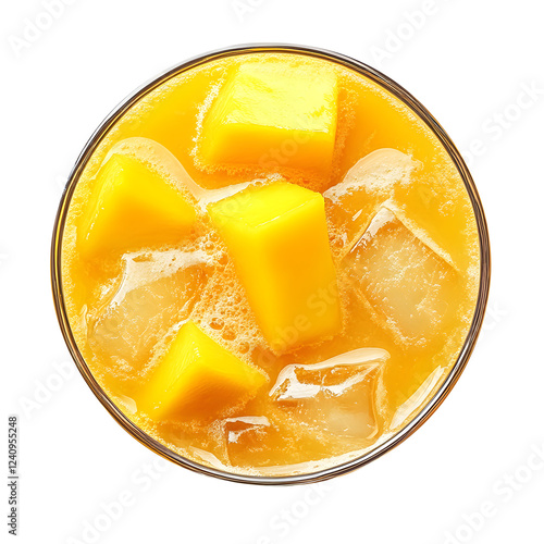 glass of mango juice with ice and mango slices top view isolated on transparent white background, clipping path