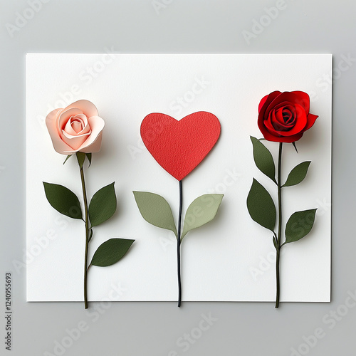 Picture of three roses with a heart in the middle. Minimalistic background.