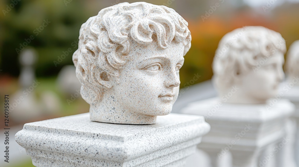 Garden stone cherub busts; autumn background; decorative fence Garden stone cherub busts; autumn background; decorative fence