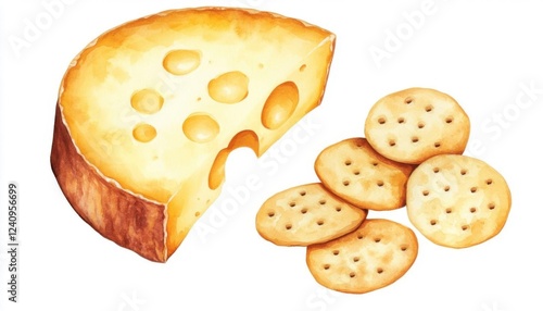Tiny cheese wedge with a little cracker collection, Watercolor style, isolated on white background, clipart