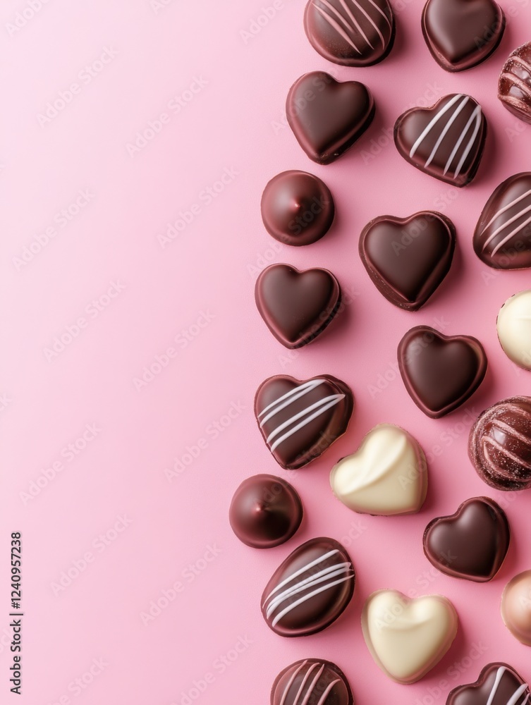 Fototapeta premium A Symphony of Hearts: A Delightful Collection of Exquisite Chocolate Hearts, Beautifully Displayed on a Pastel Pink Surface, Creating a Scene of Pure Romance and Sweet Indulgence