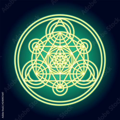 Sacred geometry neon green symbol, representing interconnectedness, balance, and mathematical beauty