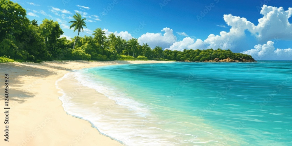 Tropical Beach Scene With Lush Green Vegetation And Azure Waters Tropical Beach Scene With Lush Green Vegetation And Azure Waters