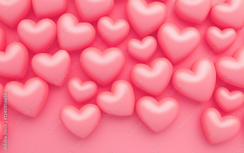 A cascading arrangement of pink hearts over a pink pastel background A cascading arrangement of pink hearts over a pink pastel background
