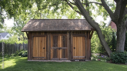 A backyard storage shed with double doors and a pitched roof. photo