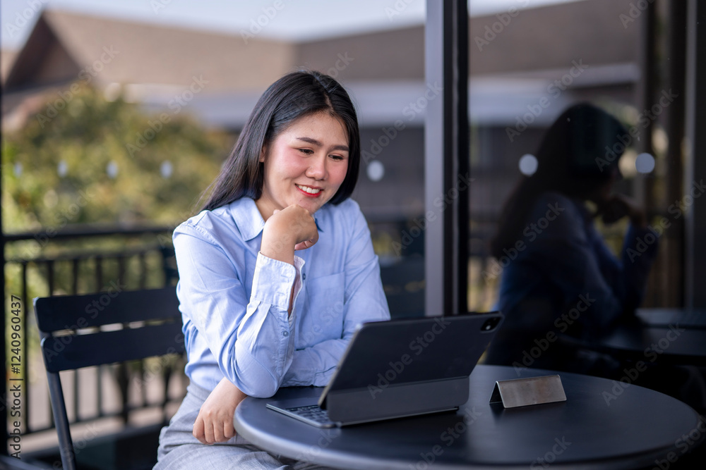 A woman is sitting at a table with a laptop and a tablet A woman is sitting at a table with a laptop and a tablet