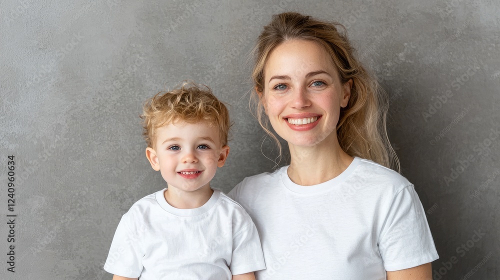 Happy mother and son portrait, indoors, neutral background, family love Happy mother and son portrait, indoors, neutral background, family love