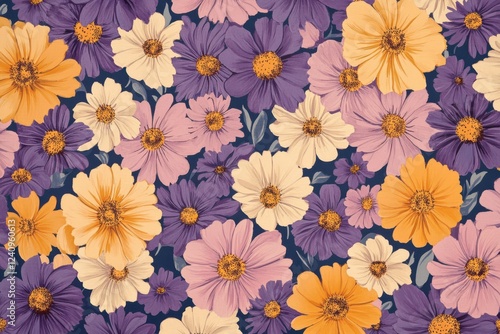 Wallpaper Mural Vibrant floral pattern in purple, orange, and cream. Torontodigital.ca