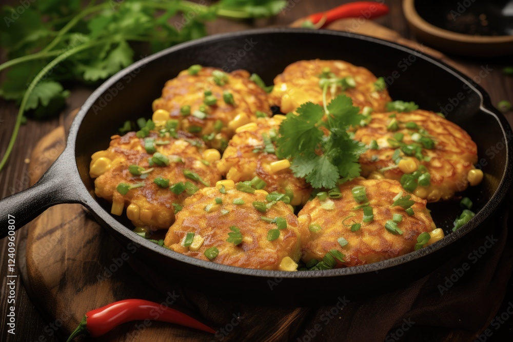 Appetizing Southern Corn Fritters in a Skillet with Fresh Cilantro. Comfort Food Made with Corn and Coriander Served in a Bowl Appetizing Southern Corn Fritters in a Skillet with Fresh Cilantro. Comfort Food Made with Corn and Coriander Served in a Bowl