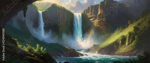 Captivating oil painting of a magnificent waterfall crashing over cliffs surrounded by the lush greenery of natures embrace