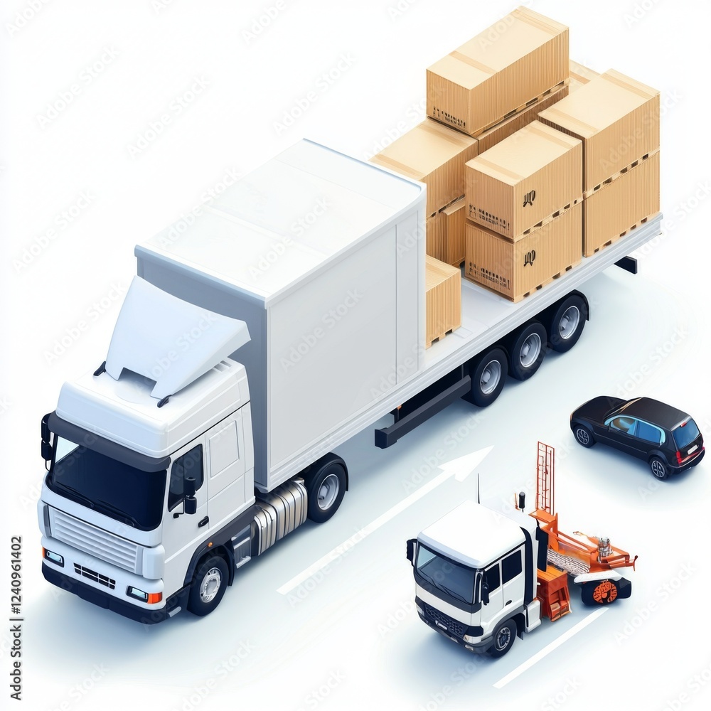 Delivery truck with cargo boxes and service vehicle on urban road in modern illustration style Delivery truck with cargo boxes and service vehicle on urban road in modern illustration style