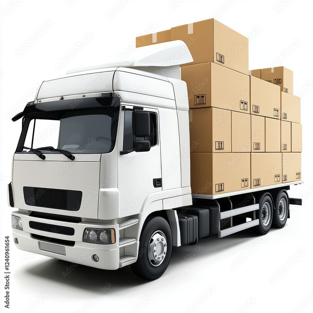 White Delivery Truck Loaded with Cardboard Boxes on a Transport Route for Shipping and Logistics Purposes White Delivery Truck Loaded with Cardboard Boxes on a Transport Route for Shipping and Logistics Purposes