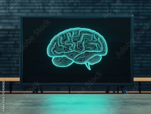 A modern display featuring a neon brain design, symbolizing technology and artificial intelligence in a contemporary setting. photo