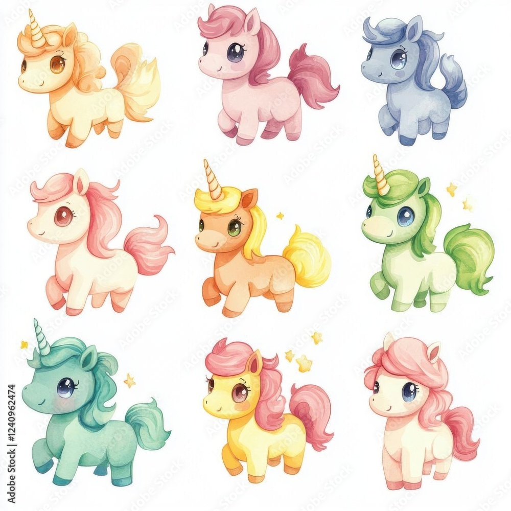 Fototapeta premium Tiny unicorn with a little sparkle collection, Watercolor style, isolated on white background, clipart