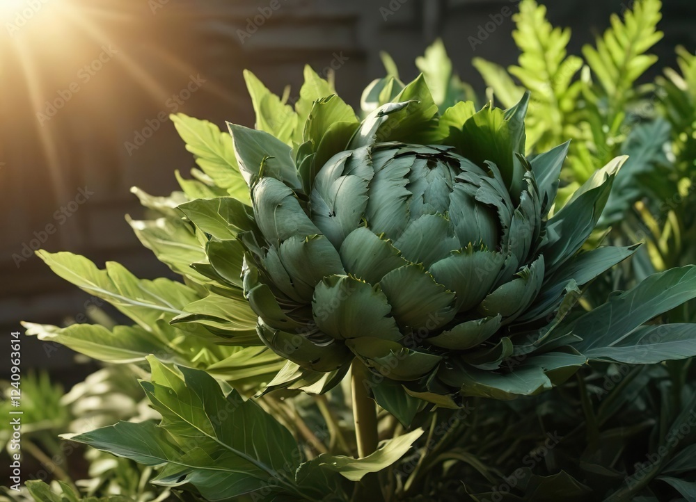 Obraz premium Artichoke plant against a warm sunlight filter, highlighting the depth and texture of its long green leaves, herb garden, shadows