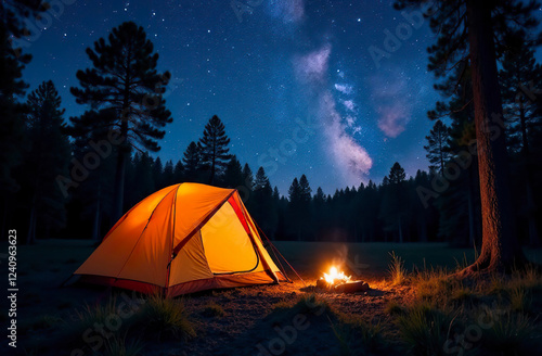 An orange tent stands next to a campfire in the forest, the night sky is starry.