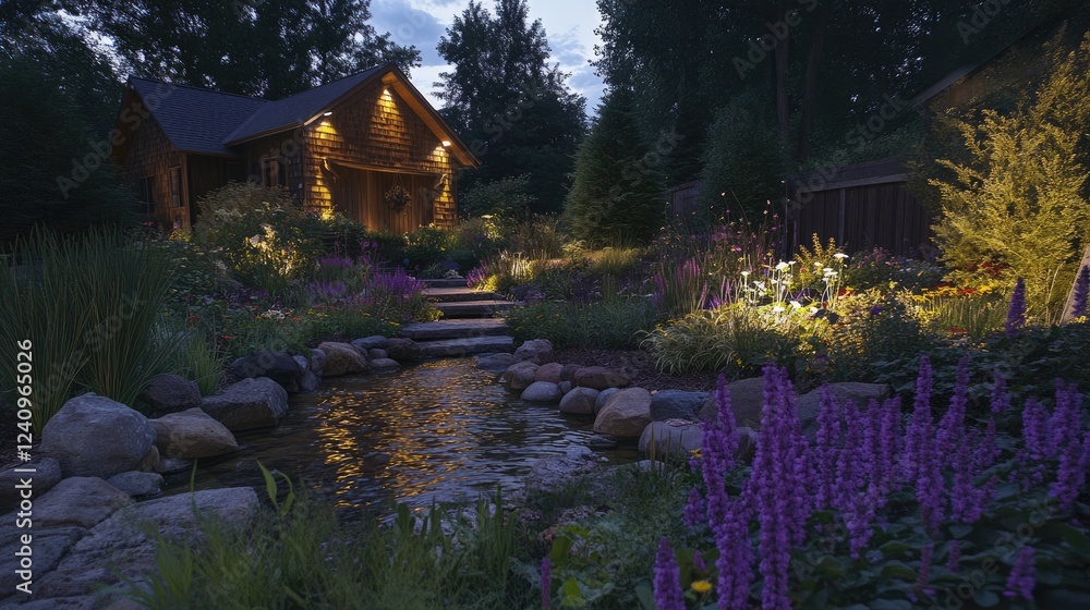 Obraz premium Illuminated garden pond with underwater LED lights.