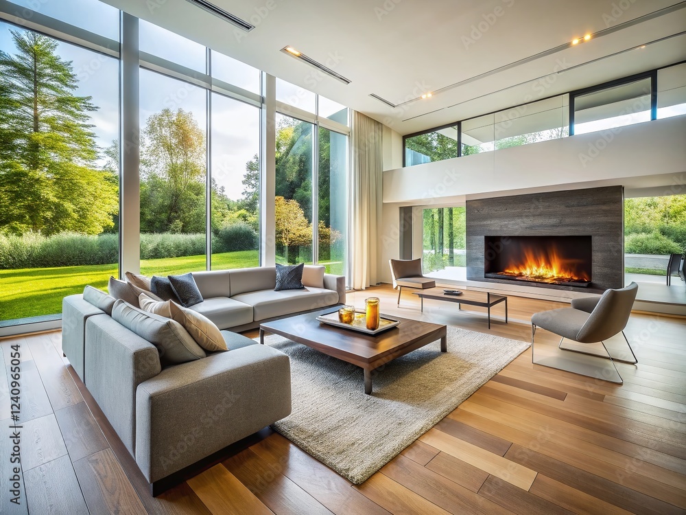 Fototapeta premium Bright Minimalist Living Room with Modern Fireplace & Natural Light - Long Exposure Stock Photo