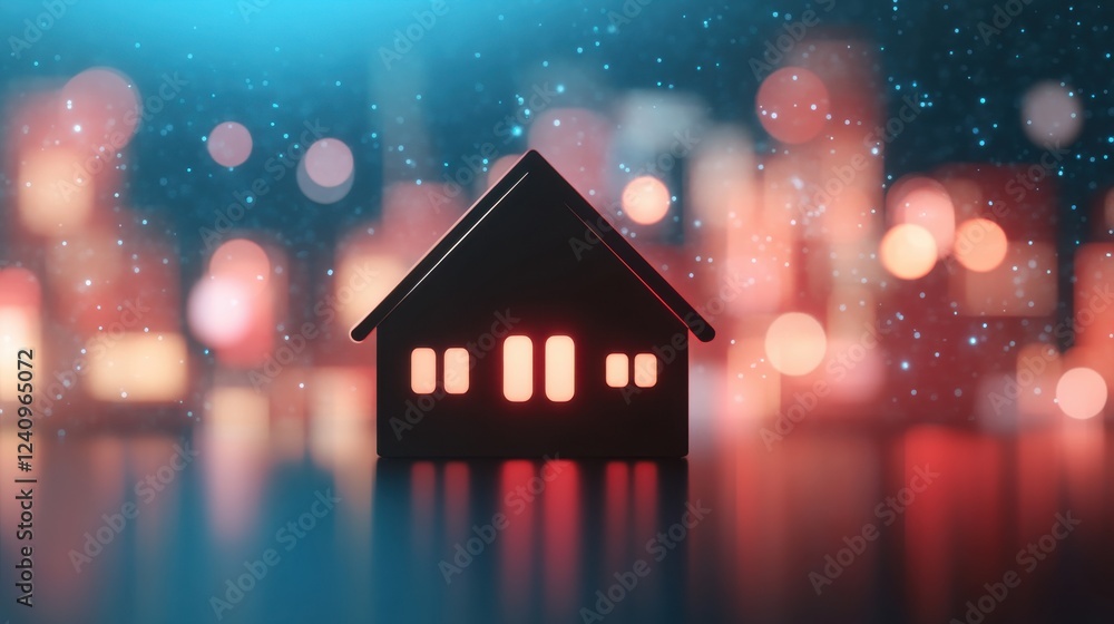 A silhouette of a house against a colorful, blurred cityscape, creating a cozy, inviting atmosphere. A silhouette of a house against a colorful, blurred cityscape, creating a cozy, inviting atmosphere.