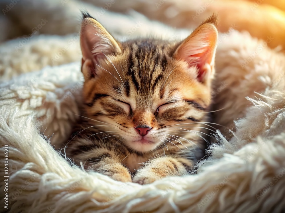 Naklejka premium Adorable Sleepy Tabby Kitten Curled on Cozy Comforter - Stock Photo