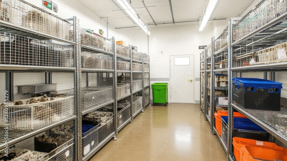 Obraz premium Industrial-style storage space with metal racks and overhead lighting.