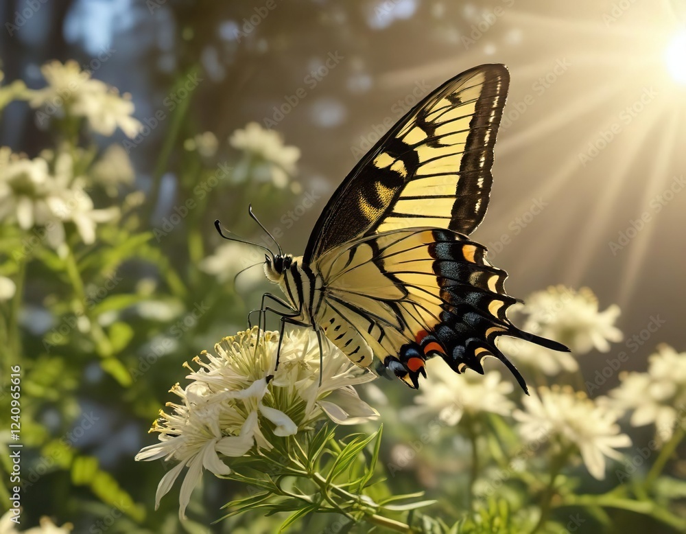 Anise swallowtail butterfly resting on anise with sunlight filtering through , light, plant