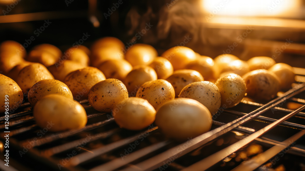 Roasted potatoes in hot oven, golden and steaming, create warm and inviting atmosphere. aroma fills air, making it perfect dish for any meal Roasted potatoes in hot oven, golden and steaming, create warm and inviting atmosphere. aroma fills air, making it perfect dish for any meal