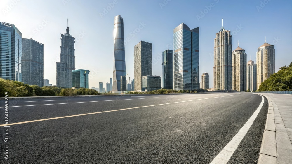 Wide asphalt road stretching through a modern cityscape with sleek skyscrapers and glass towers in the background, urban landscape, highway, city streets, urban sprawl, cityscape Wide asphalt road stretching through a modern cityscape with sleek skyscrapers and glass towers in the background, urban landscape, highway, city streets, urban sprawl, cityscape
