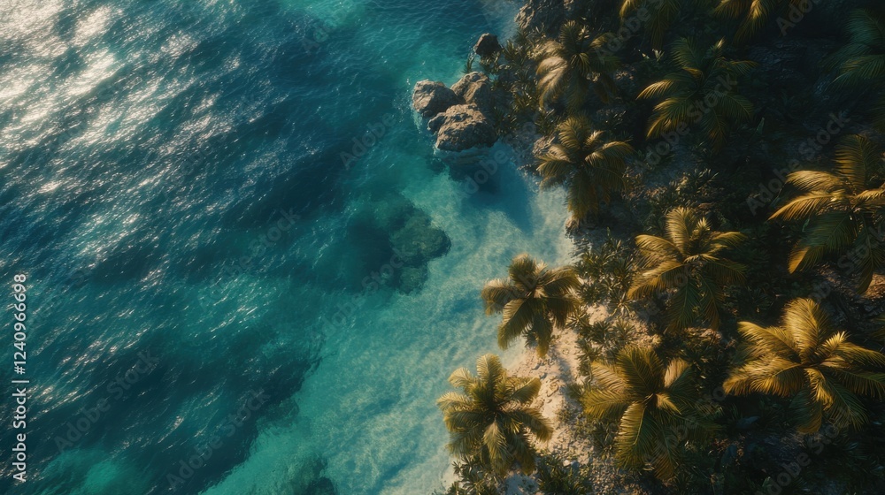 Fototapeta premium Aerial View of Turquoise Waters and Lush Palm Trees on Coastline