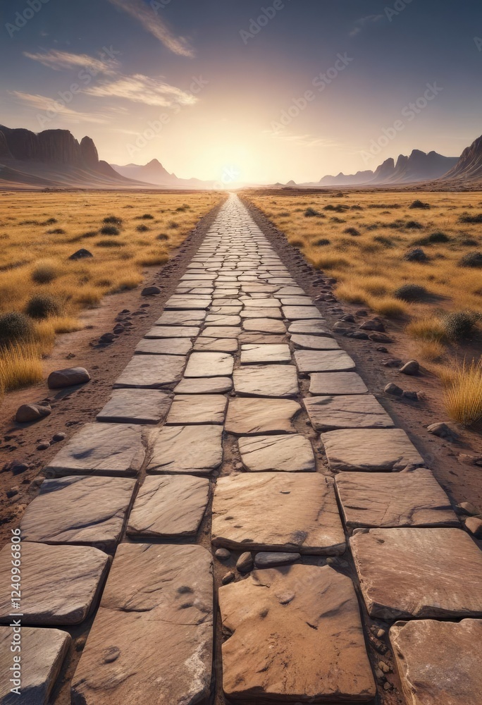Fototapeta premium Wide ancient stone road stretching across a vast, open plain, expansive, ancient, vast