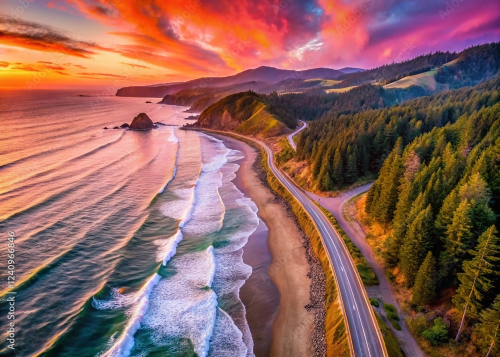 Fototapeta premium Aerial Cinematic Drone Shot: Pink Sunset over Eureka, California Coastline