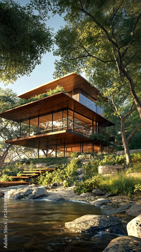 Modern wooden house nestled among trees by a clear stream during golden hour Modern wooden house nestled among trees by a clear stream during golden hour