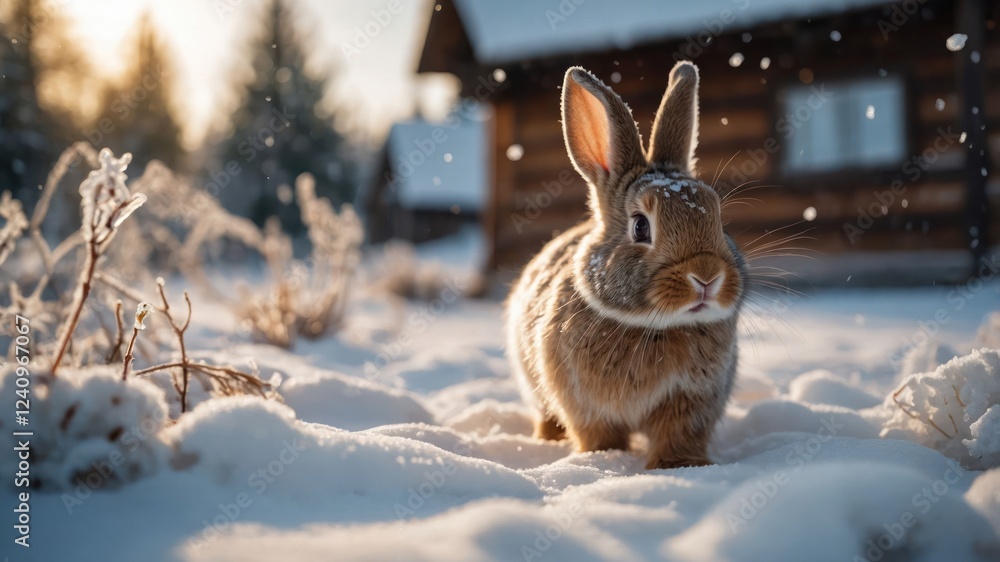 A rabbit exploring a snowy landscape near a cozy cabin, with sunlight filtering through trees A rabbit exploring a snowy landscape near a cozy cabin, with sunlight filtering through trees