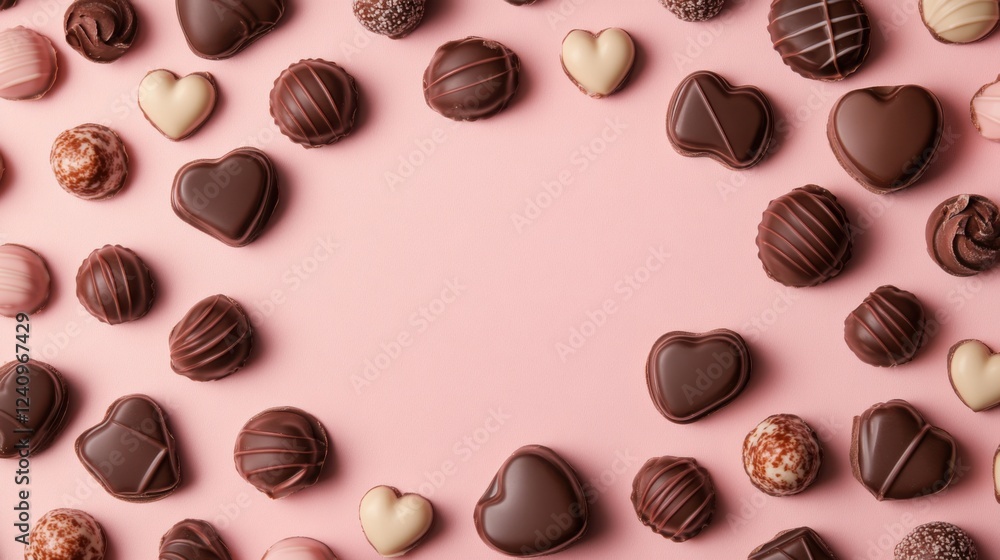 Fototapeta premium A Symphony of Hearts: A Delightful Collection of Exquisite Chocolate Hearts, Beautifully Displayed on a Pastel Pink Surface, Creating a Scene of Pure Romance and Sweet Indulgence