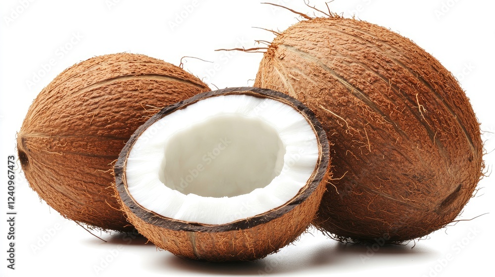 Freshly opened coconuts with natural shells and white flesh on a minimalist white studio background Freshly opened coconuts with natural shells and white flesh on a minimalist white studio background