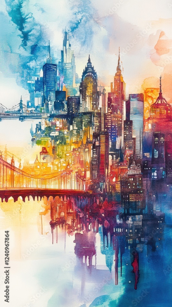 Obraz premium Dreamy watercolor cityscape blending world capitals, stock market symbols floating, economic powerhouses interlinked, investment bridges glowing. 
