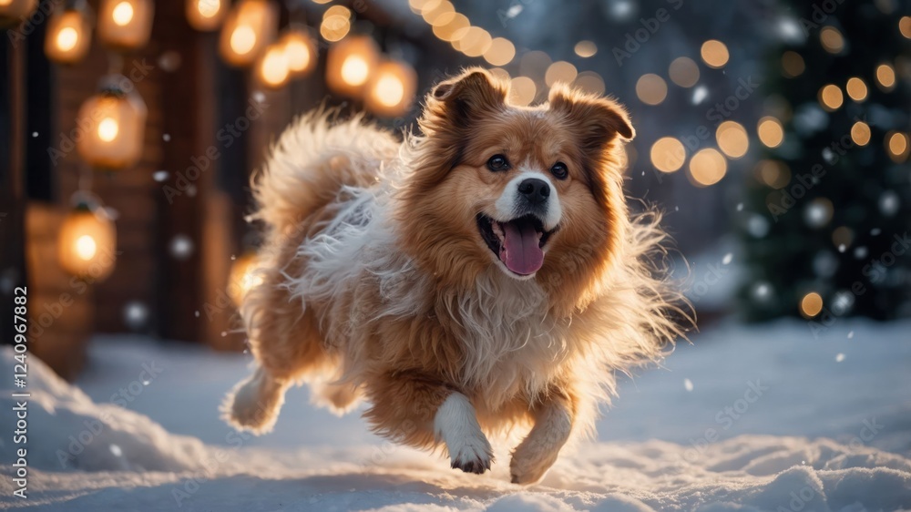 Happy dog joyfully running through snowy landscape with festive lights in the background Happy dog joyfully running through snowy landscape with festive lights in the background