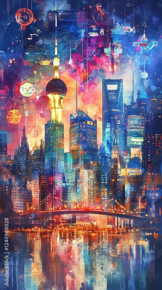 Obraz premium Dreamy watercolor cityscape blending world capitals, stock market symbols floating, economic powerhouses interlinked, investment bridges glowing.