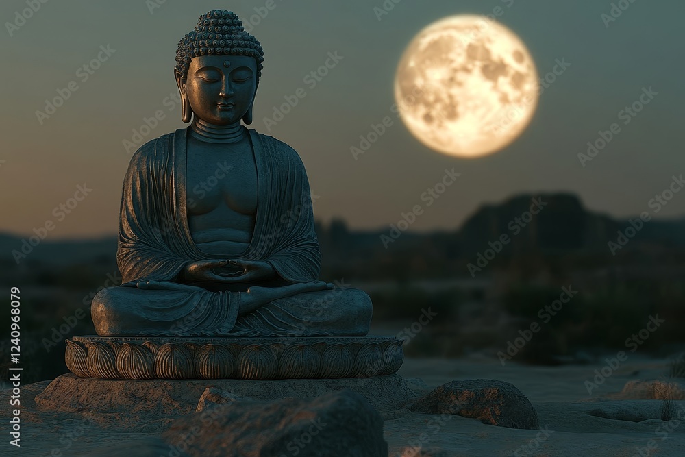 Fototapeta premium Meditative Buddha statue under full moon, desert night